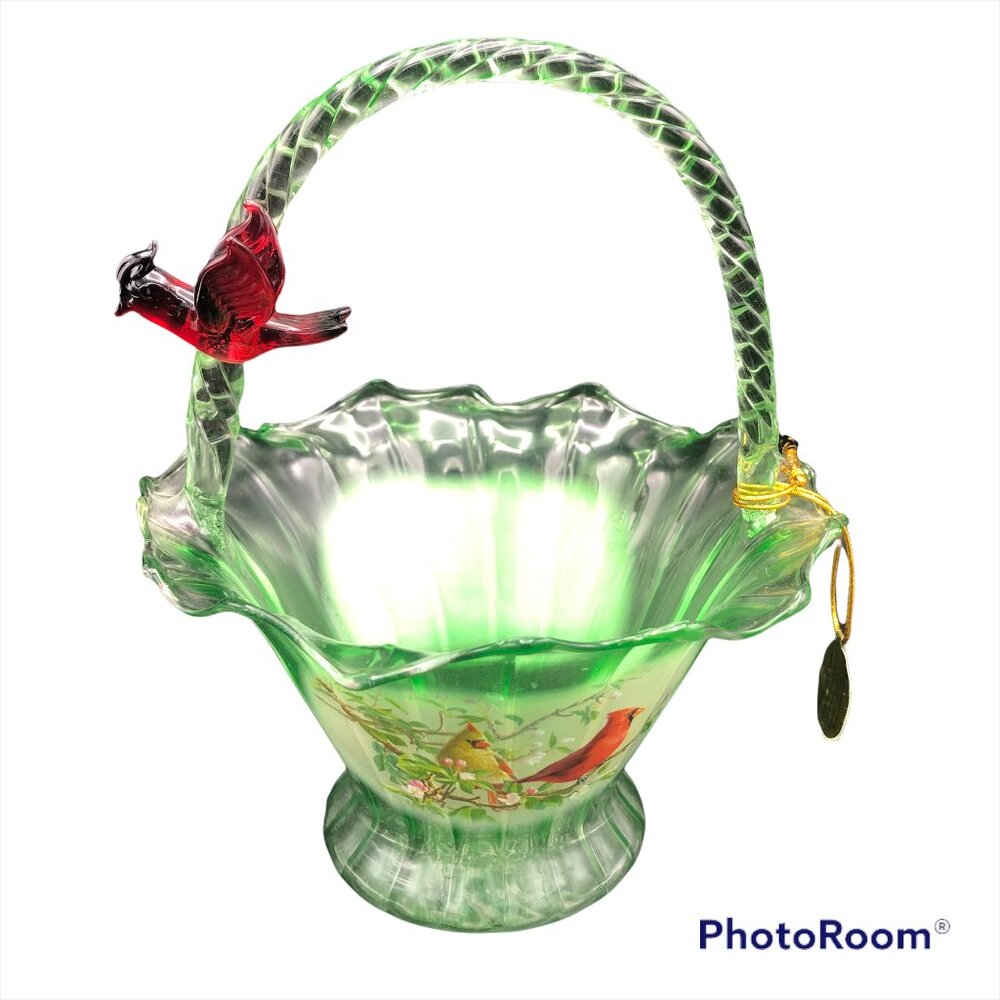 Bradford Exchange Cardinal Serenade Hand Blown Art Glass Basket J Hautman
